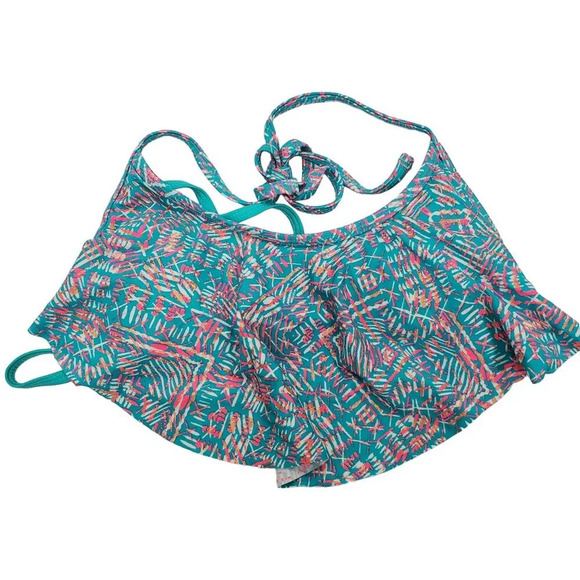 Xhilaration Women's Turquoise Neon Print Tie Back Flounce Halter Bikini Top Sz M - Picture 1 of 7
